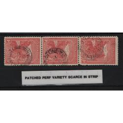 (VV15123) TASMANIA · 1909: used vertical strip of 3x 1d rose Pictorials (Crown/A wmk · perf.11) SG 250ea · top units have extra perfs between which have been "patched" with a strip of selvedge · seldom seen on used double perfs (2 images)