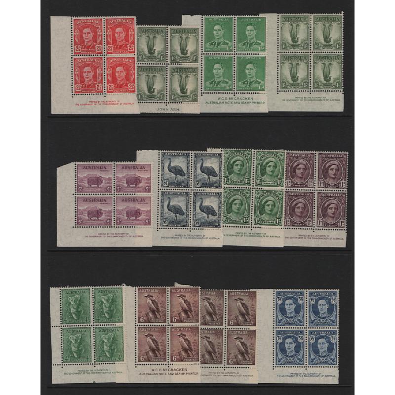 (VV15129L) AUSTRALIA · 1931/51: assortment of mint (many MNH) IMPRINT BLOCKS (and some pairs) of commem & defin issues from the period · mixed condition so please see largest images · total c.v. AU$450+ · 70 items (6 images)