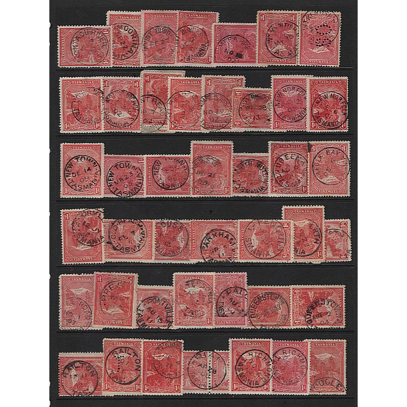 (VV15131L) TASMANIA · 9 Hagners housing an accumulation 1d Pictorials with a lightly duplicated range of cds postmarks which vary in clarity and degree of competeness · some rated · noted BANGOR, DILSTON, DYSART, etc · 300+ (9 images)