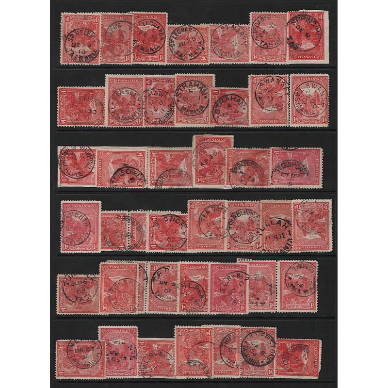 (VV15131L) TASMANIA · 9 Hagners housing an accumulation 1d Pictorials with a lightly duplicated range of cds postmarks which vary in clarity and degree of competeness · some rated · noted BANGOR, DILSTON, DYSART, etc · 300+ (9 images)