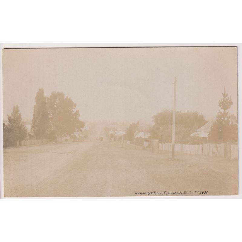 (WS1141) TASMANIA  ·  c.1910: unused real photo card (somewhat over-exposed) with a view of HIGH STREET, CAMPBELLTOWN (looking northwards) · views from south of the Red Bridge are very scarce in my experience