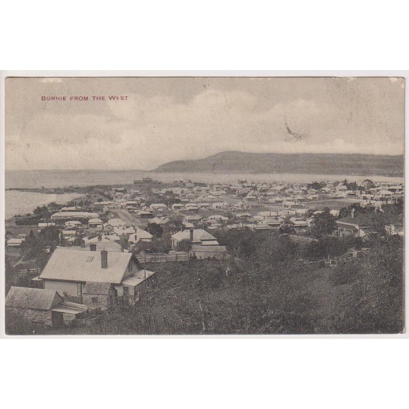 (WS1142) TASMANIA  ·  1910: postally used card possibly by Spurling & Son w/view BURNIE FROM THE WEST · some peripheral wear o/wise in excellent condition