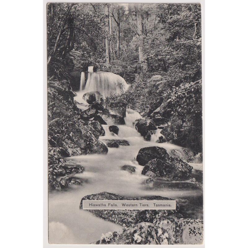 (WS1143) TASMANIA  ·  1909: b&w card by Spurling & Son (No.109) w/view of HIAWATHA FALLS WESTERN TIERS postally used with 1d Pictorial franking · excellent condition