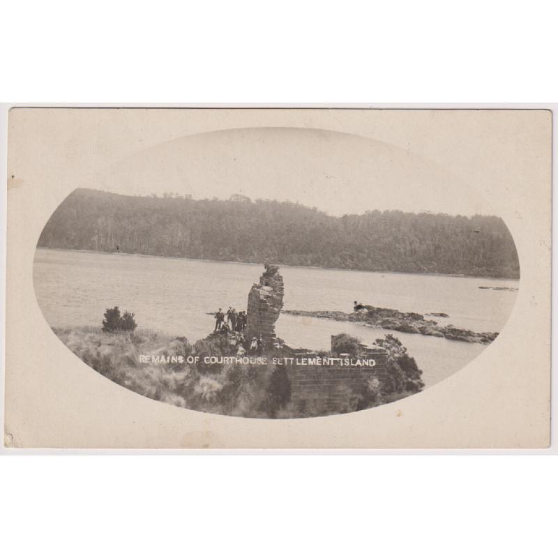 (WS1160) TASMANIA  ·  c.1914: unused real photo card with a view titled REMAINS OF COURTHOUSE, SETTLEMENT ISLAND at Macquarie Harbour · some light peripheral discolouration on back o/wise in excellent condition