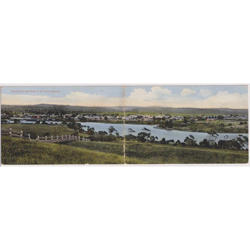 (WS1170) TASMANIA  ·  1914: two panel card by Spurling & Son (No.580) with a panoramic view of WYNYARD AND INGLIS RIVER, N.W. COAST · long message on verso · excellent condition