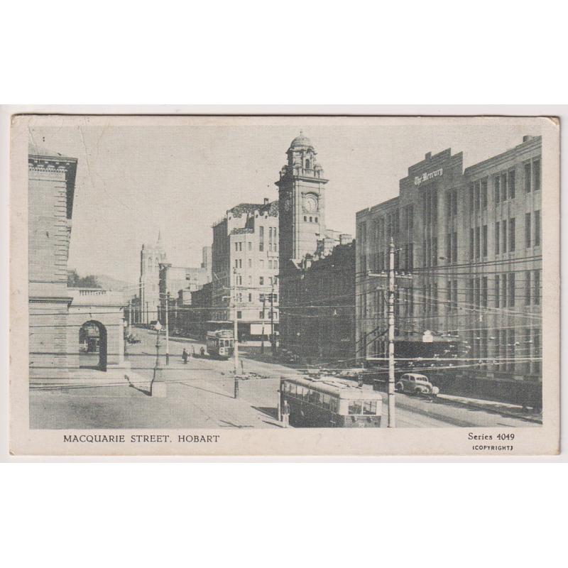 (WS1182) TASMANIA  · 1948: postally used card from "Series 4049" (Gordon & Gotch?) with a view of MACQUARIE STREET HOBART · excellent condition · note "Canton" trolley bus and double-decker tram!