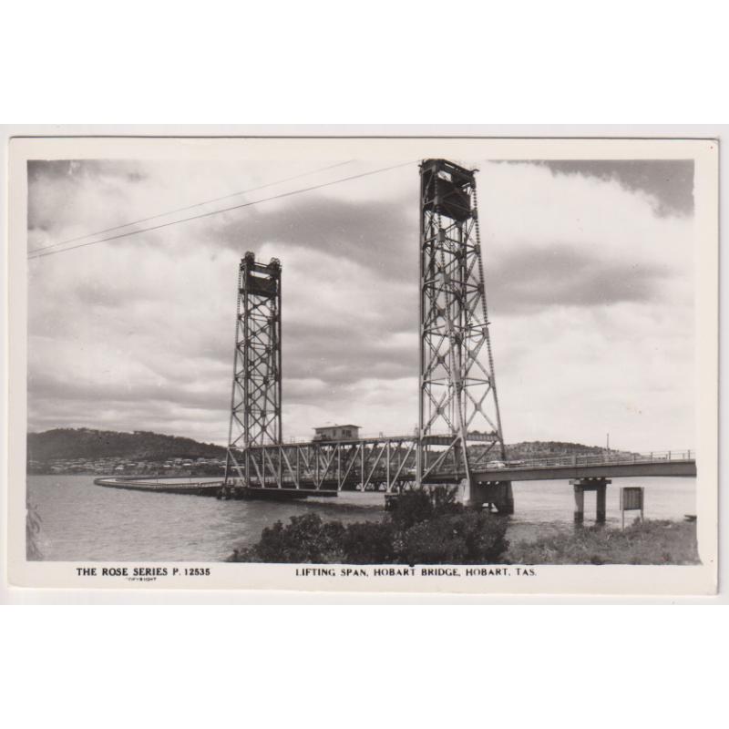 (WS1216) TASMANIA  · c.1950: unused real photo by Rose (P.12535) w/view of the LIFTING SPAN, HOBART BRIDGE in VF condition