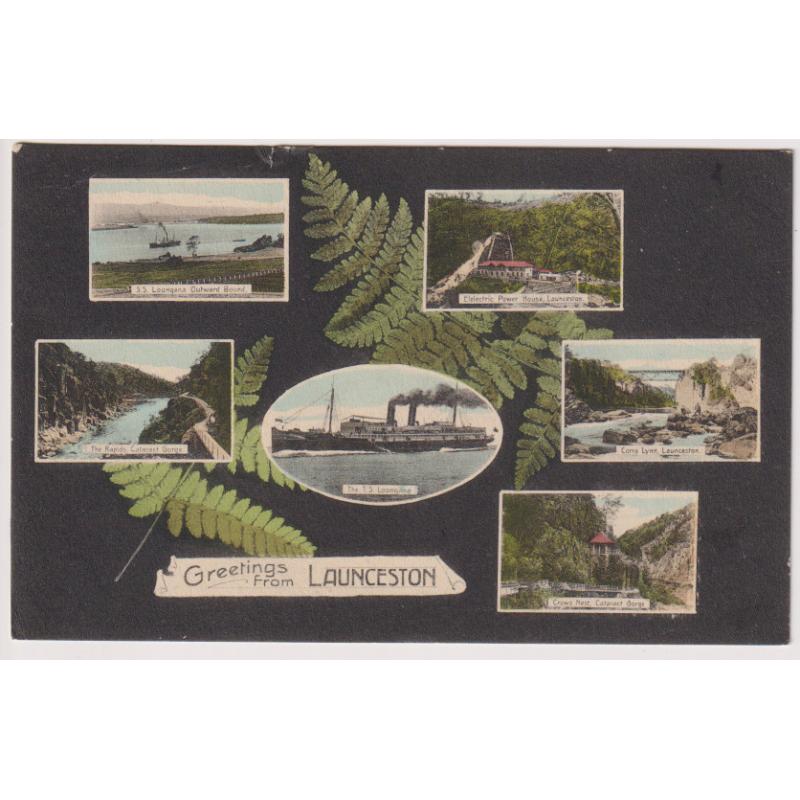 (WS1218) TASMANIA  · c.1910: multi view GREETINGS FROM LAUNCESTON colour card in excellent condition · an "SM" card printed in Germany but I am unaware of the publisher's actual name