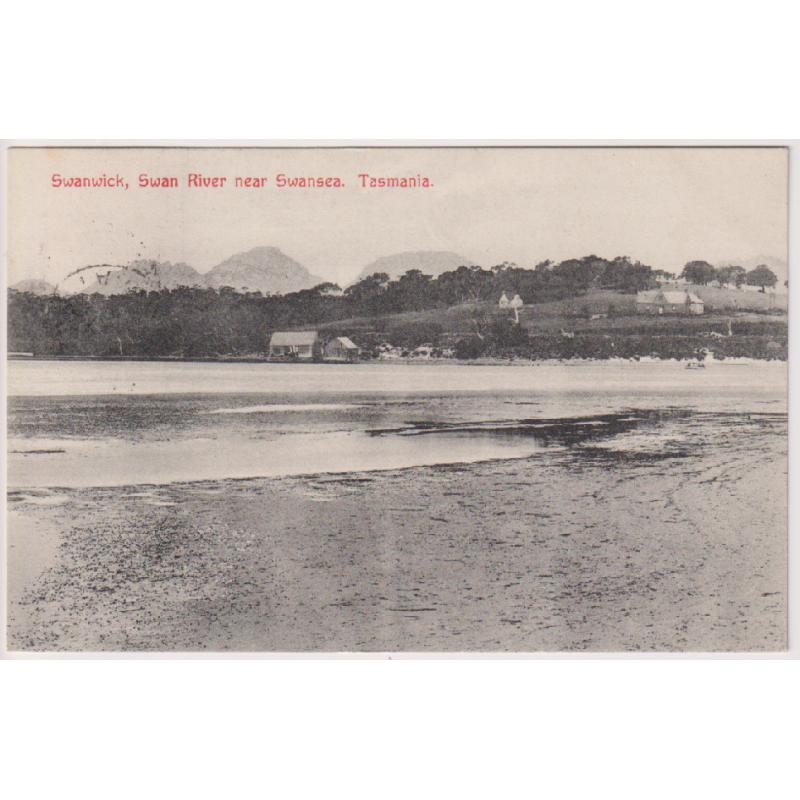 (WS1224) TASMANIA  ·  1909: card published by A. Morris, Swansea (No.166) with a view of nearby SWANWICK, SWAN RIVER · mailed from Swansea with 1d Pictorial franking · fine condition