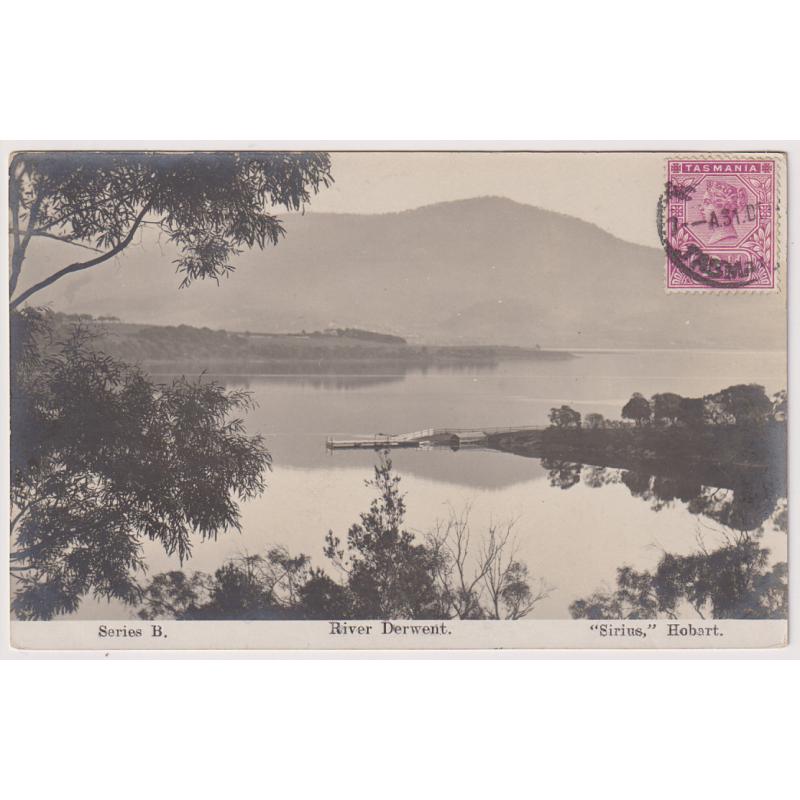 (WS1231) TASMANIA · c.1910: real photo card by Charles Gruncell w/view RIVER DERWENT (Series B) · fine condition · not postally used · stamp cancelled per favour... "for effect"?!?