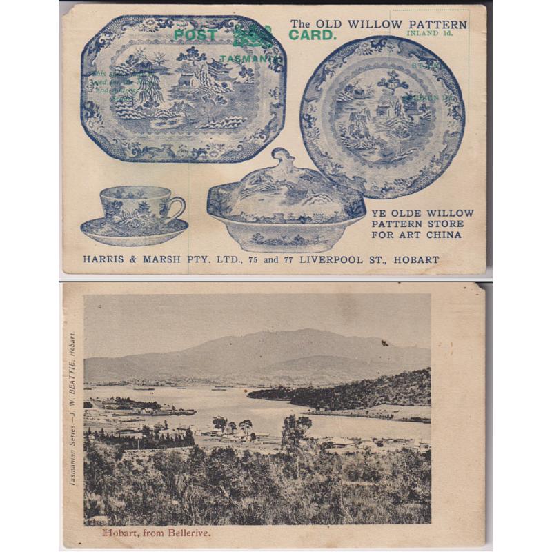 (WS1234) TASMANIA · c.1910: J.W. Beattie card overprinted on verso as a card for Harris & Marsh Pty Ltd Hobart advertising YE OLDE WILLOW PATTERN STORE · rounded corner but rare and quite displayable