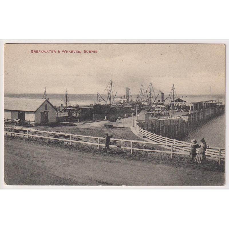 (WS1244) TASMANIA · c.1910: unused card by an unidentified publisher w/view of BREAKWATER & WHARVES, BURNIE · excellent condition · scarce card
