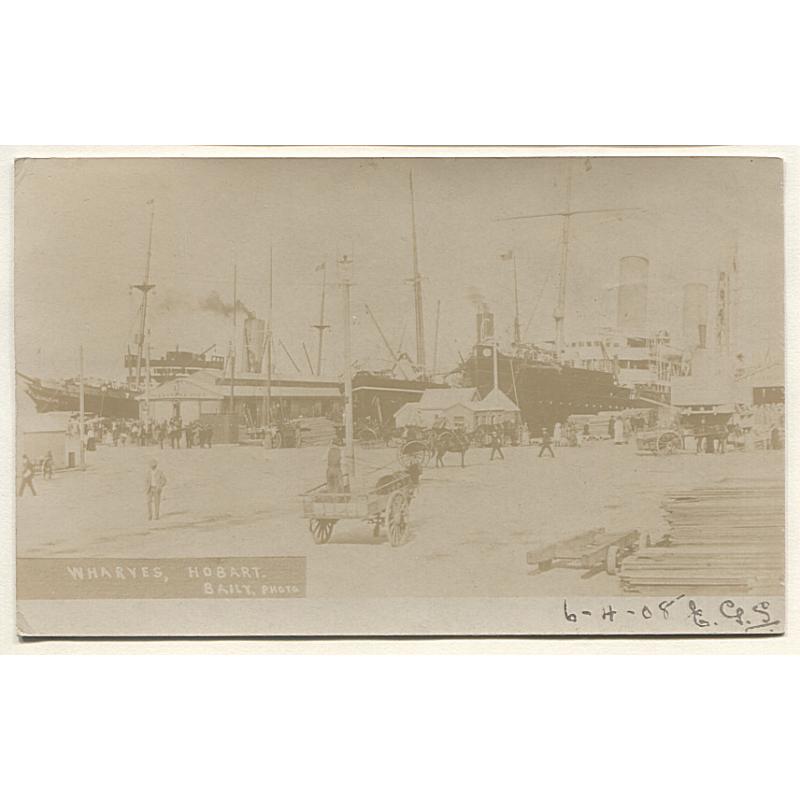 (WS15005) TASMANIA  ·  1908: real photo card by H.H. Baily with a view of the WHARVES HOBART postally used (with a long message) to New Zealand · print is over-exposed however the card condition is excellent to fine