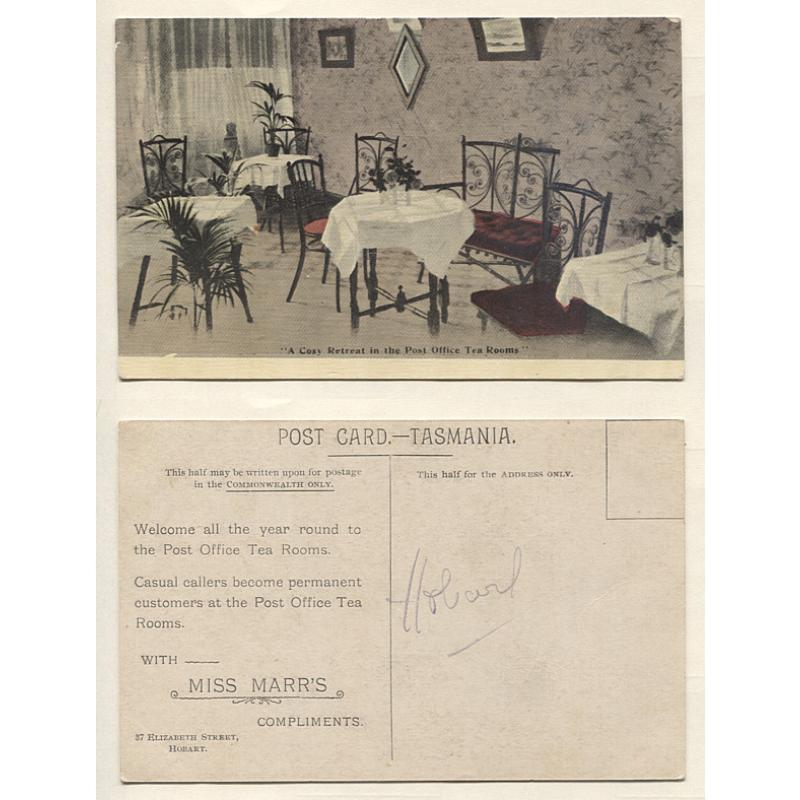 (WW10016) TASMANIA · c.1908: unused advertising card for Miss Marr's POST OFFICE TEA ROOMS at Hobart · excellent to fine condition ....see largest image