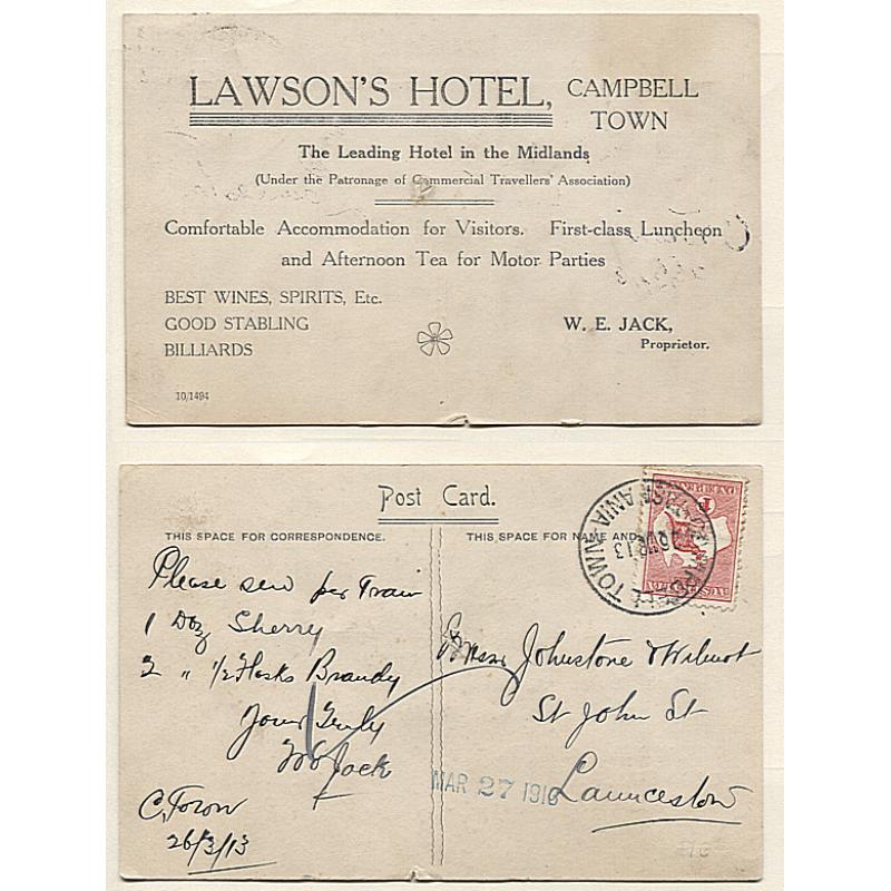 (WW10018) TASMANIA · 1913: LAWSON'S HOTEL CAMPBELL TOWN advertising card used by the publican to order alcoholic supplies from Launceston · any imperfections are quite minor ...please view largest image