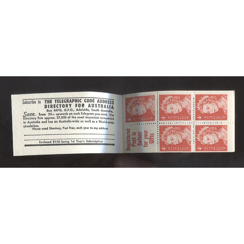 (WW10022) AUSTRALIA · 1966/67: 60c booklet (15x 4x QEII defin) with "Registered Post is Safest for your Gifts" slogan on tabs · pink thread · Edition DV8 BW 71e · VF condition · c.v. AU$150 (2 images)