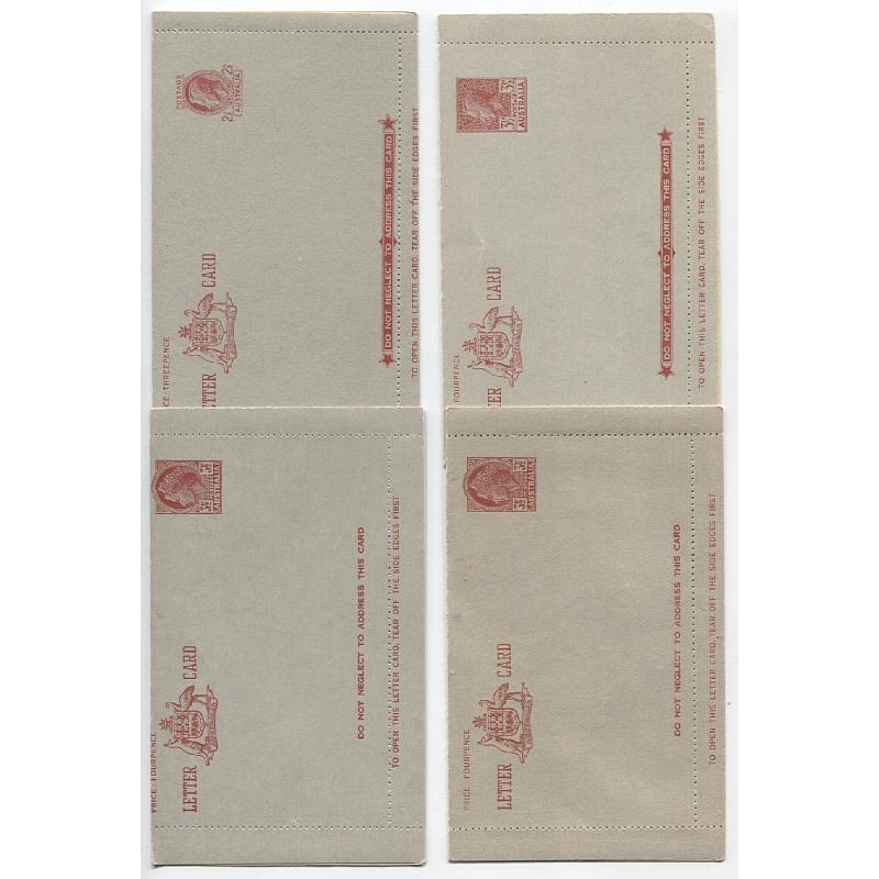 (WW1003) AUSTRALIA · 1944/54: 4 different unused KGVI & QEII lettercards comprising ACSC LC73A, 75, 77 & 79 · any imperfections are quite minor · total c.v. AU$90 (4)