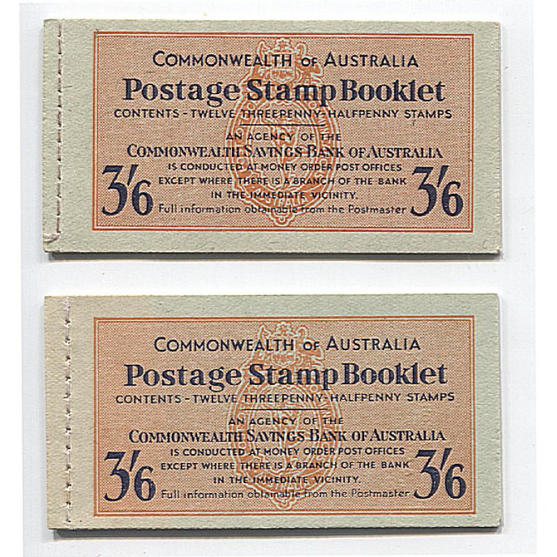 (WW1008) AUSTRALIA · 1952: complete 3/6d booklets containing 12x 3½d brown KGVI · one with original text; the other with revised text and waxed interleaves ACSC B56A/B56Cv · both items in VF condition · total c.v. AU$230 (4 sample images)