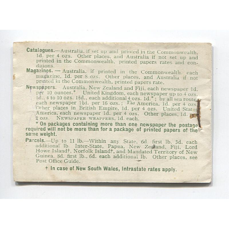 (WW1026) AUSTRALIA · 1928: complete 2/3d booklet containing 18x 1½d red KGV defins (inverted SM Wmk · perf.13½x12½) · green on pale green cover with original text · condition as per sample images · c.v. AU$600 (4 images)
