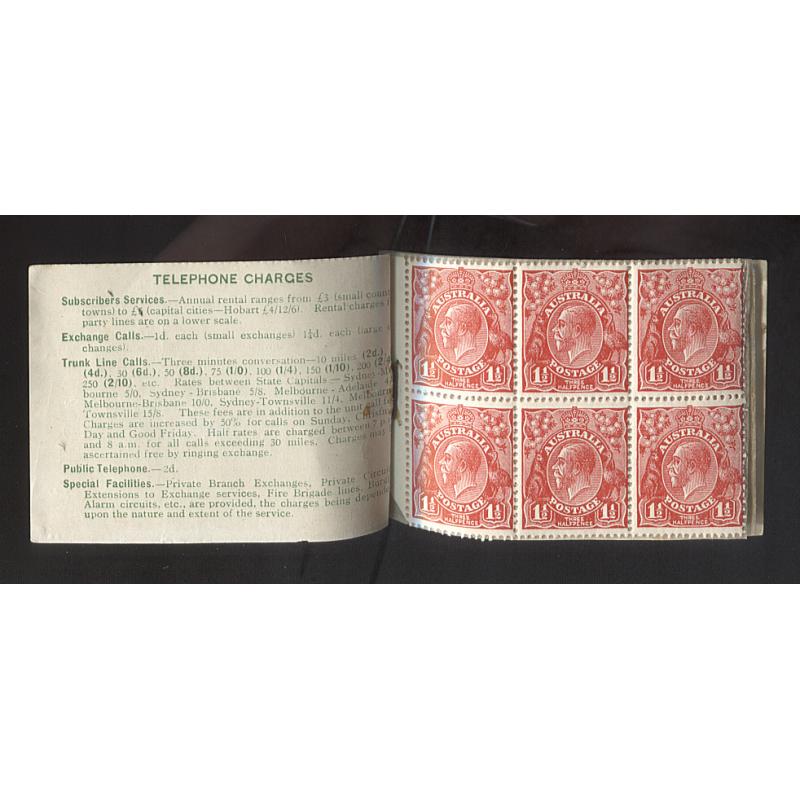 (WW1026) AUSTRALIA · 1928: complete 2/3d booklet containing 18x 1½d red KGV defins (inverted SM Wmk · perf.13½x12½) · green on pale green cover with original text · condition as per sample images · c.v. AU$600 (4 images)