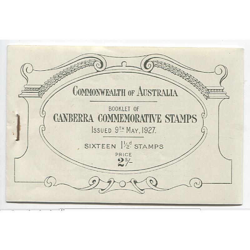 (WW1027) AUSTRALIA · 1927: complete booklet containing 16x 1½ Canberra commems ACSC B38 · some rusty staple marks on the back o/wise in VF condition inside and out · c.v. AU$125 (4 images)