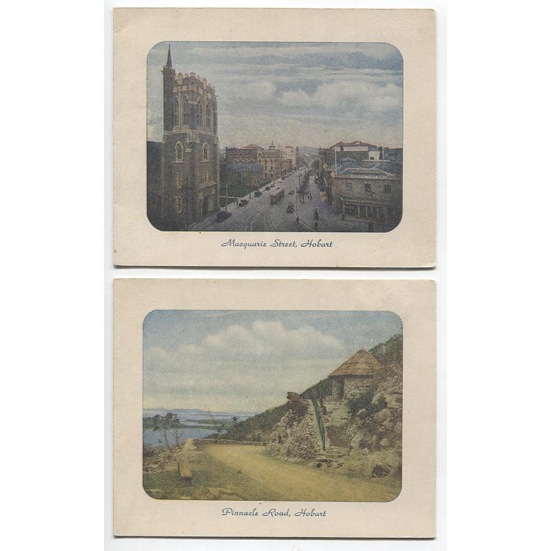 (WW1031) TASMANIA · 1940s: two different unused GREETINGS FROM HOBART cards with colour views of MACQUARIE STREET and PINNACLE ROAD · publisher not identified but possibly J. Walch & Sons · both items are in excellent to fine condition
