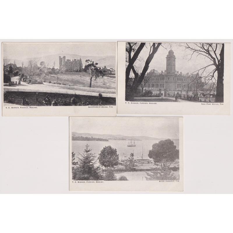 (WW1114) TASMANIA · c.1904: 3 unused undivided back cards by T.E. BARKER featuring views around HOBART · see largest images · all are in excellent to fine condition