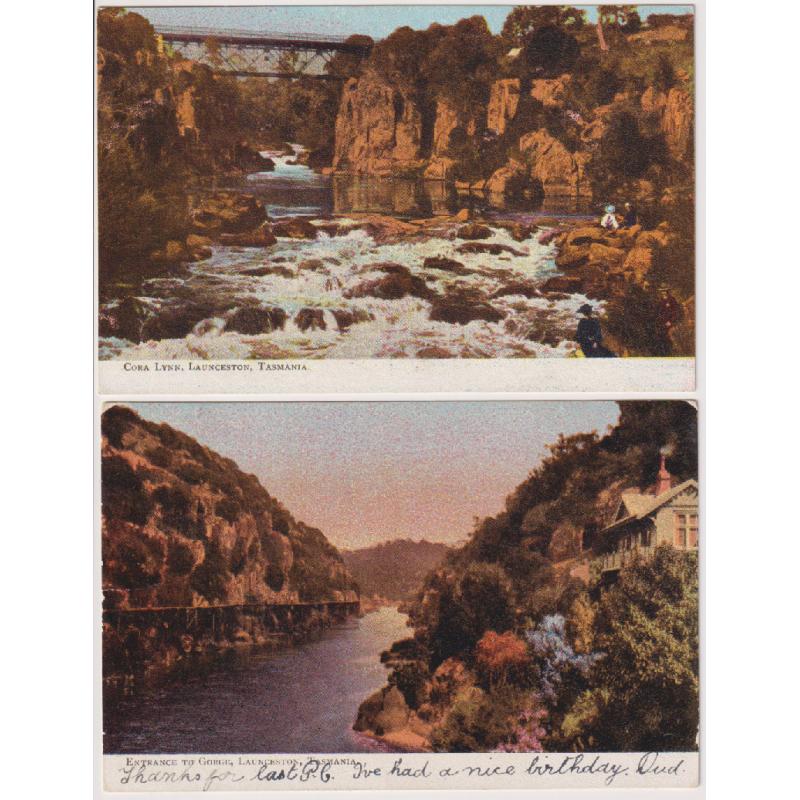 (WW1115) TASMANIA · 1906: two "Art Series" cards by NSW Bookstall with views of CORA LYNN and CATARACT GORGE · both postally used in NSW and in excellent condition (2)