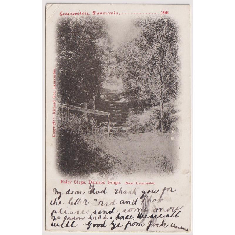 (WW1131) TASMANIA · 1905: used card by Richard Gee w/view FAIRY STEPS, DENISON GORGE NEAR LAUNCESTON · stamp has been removed without damage to surface · overall condition is excellent