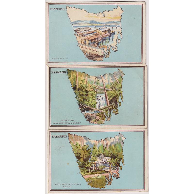 (WW1203) TASMANIA · c.1910: 3 used cards by Valentine with illustrated views of Hobart and Mount Wellington inserted in a map of Tassie · some wear and light soiling however the overall condition is VG to excellent (3)