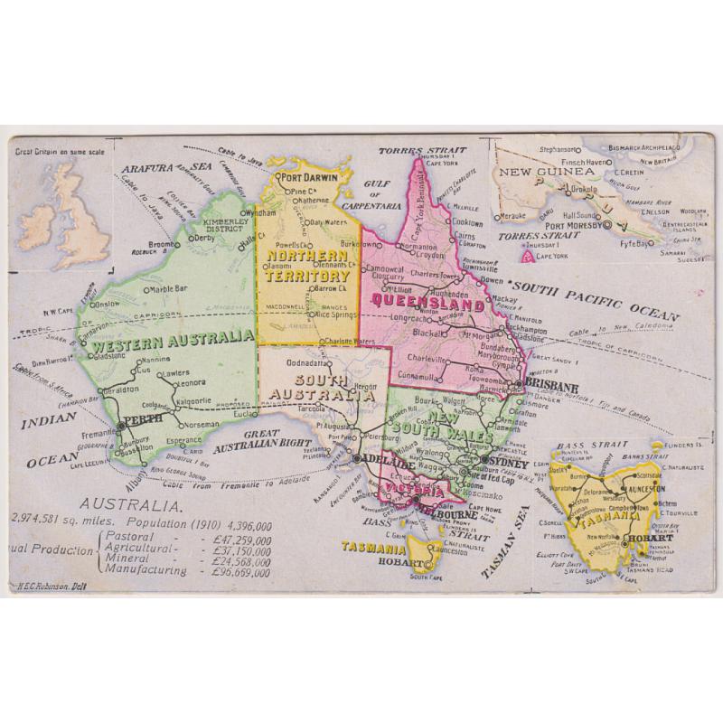 (WW1206) AUSTRALIA · TASMANIA · 1913: colour card with map of Australia by H.E.C. Robinson · message on verso but not postally used · corner fault at UR o/wise in excellent condition