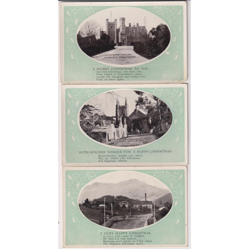 (WW1211) TASMANIA · c.1910: 3 Christmas Greeting postcards by Harding & Billing with Hobart and Tasman Peninsula views · all photos are framed in green (3)