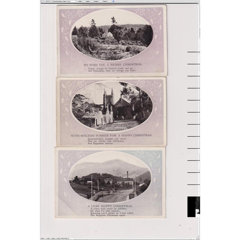 (WW1212) TASMANIA · c.1910: 3 Christmas Greeting postcards by Harding & Billing with Hobart and Tasman Peninsula views · all photos are framed in lavender (3)