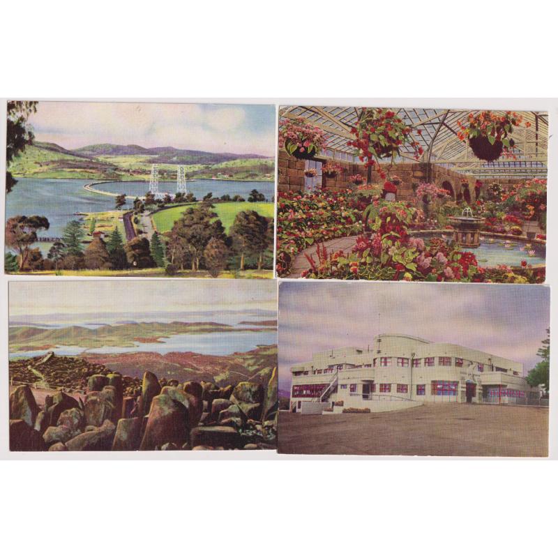 (WW1214) TASMANIA · 1950s: four different printed cards by Ash Bester with HOBART views · the cards with the Floating Bridge and at the Botanical Gardens are quite scarce in my experience · see full description (4)