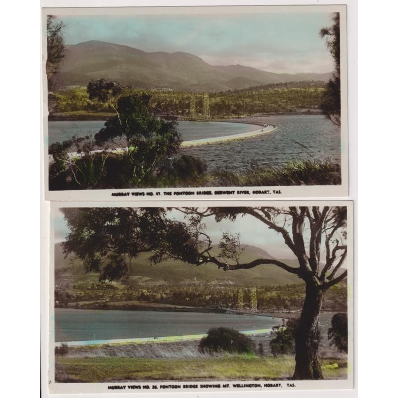 (WW1380) TASMANIA · 1950s: unused colour tinted real photo cards by Murray Views (Nos. 26 & 47) with slightly different views of THE PONTOON BRIDGE (on the Derwent) both in VF condition (2)