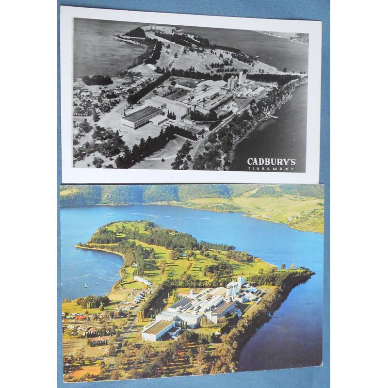 (WW1475) TASMANIA · 1950s/70s: two unused advertising cards published by CADBURY'S with aerial views of their factory at Claremont · both items are in F to VF condition (2)