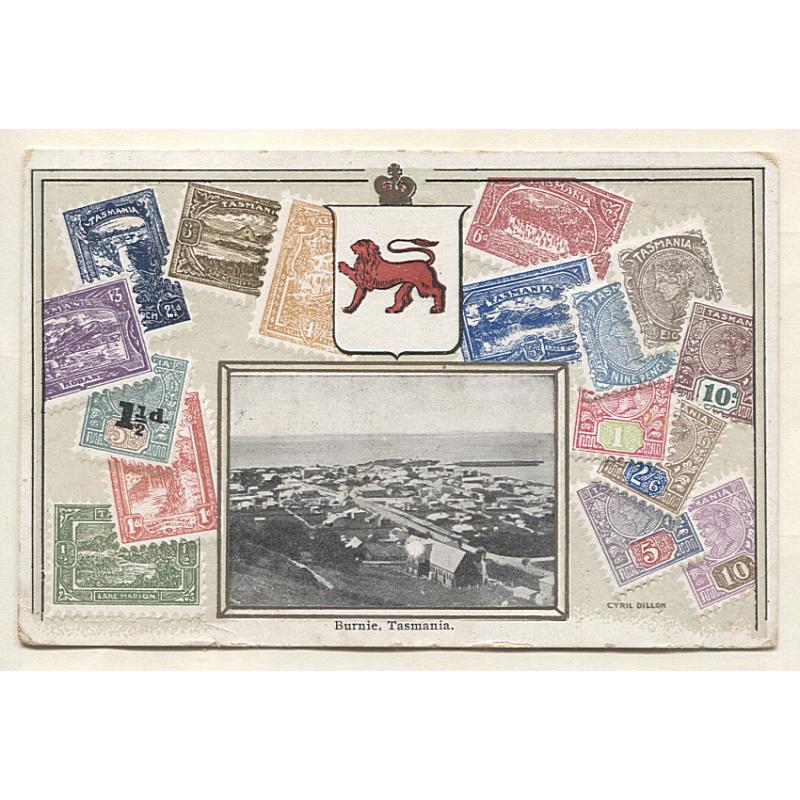 (WW15002) TASMANIA · 1910: "Cyril Dillon" stamp card by V.S.M./ O.S. & P.C. with inserted view of BURNIE · postally used BICHENO with a full clear strike of the Type 2 cds which is rated R-(7) · overall condition is excellent