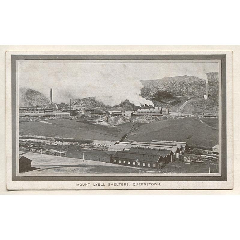 (WW15004) TASMANIA · 1908: unused Tas. Govt. FRANCO-BRITISH EXHIBITION card w/view of the MOUNT LYELL SMELTER, QUEENSTOWN · some light soiling on the back o/wise the card is in excellent to fine condition