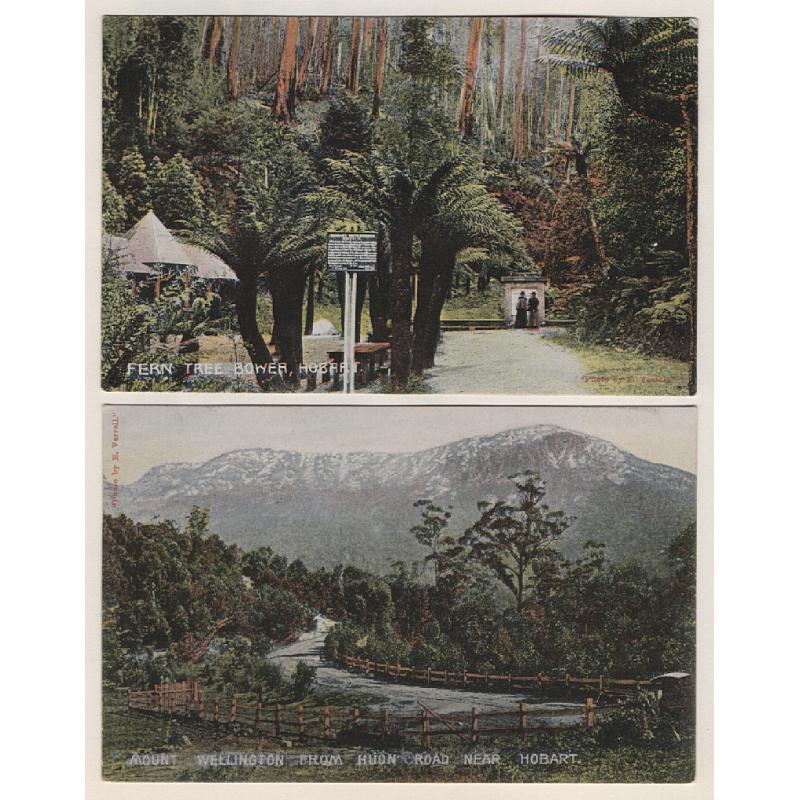 (WW15028) TASMANIA · c.1910: 2 colour cards by McVilly & Little w/views MOUNT WELLINGTON and FERN TREE BOWER, both in fine condition. Both original photos by E. Verrell (2)