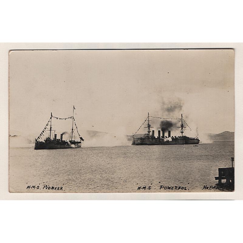 (WW15061) TASMANIA · c.1909: unused real photo card showing the HMS "PIONEER" and HMS "POWERFUL" on duty at the HOBART REGATTA · excellent to fine condition