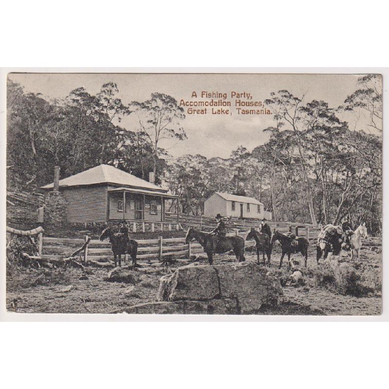 (WW1507) TASMANIA  1909: used card by Spurling & Son (No.267) w/view A FISHING PARTY, ACCOMMODATION HOUSES, GREAT LAKE · excellent appearance · see full description