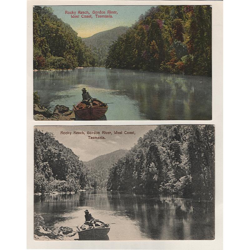 (WW15078) TASMANIA · c.1910: Spurling cards w/ the same view ROCKY REACH, GORDON RIVER... - the b&w card is numbered '161'; the colour version '526' · latter card has a message on the back · both items in excellent condition (2)