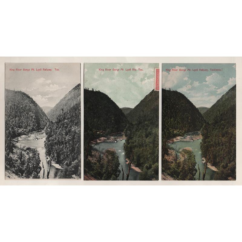 (WW15079) TASMANIA · 1907/10: 3 Spurling & Son cards with the same view KING RIVER GORGE MT. LYELL RAILWAY .... the b&w card is unnumbered; the colour cards "No. 9 Series" and "57A' · see full description (3)