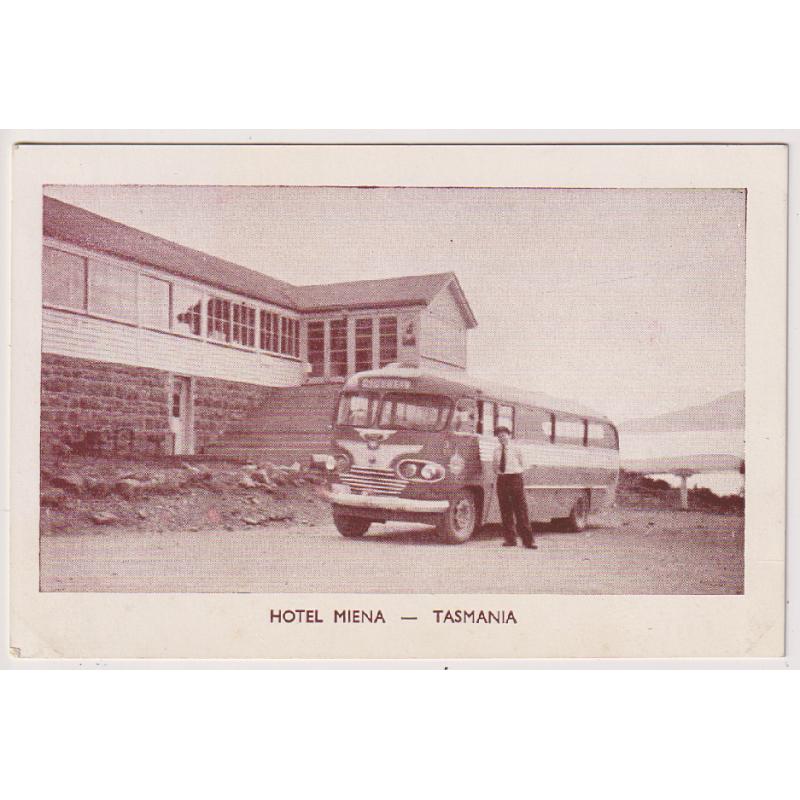 (WW1508) TASMANIA  1950s: unused card, possibly published by Pioneer Tours with a view of a driver standing beside his coach at the HOTEL MIENA at the Great Lake · F to VF condition and the first example I've seen