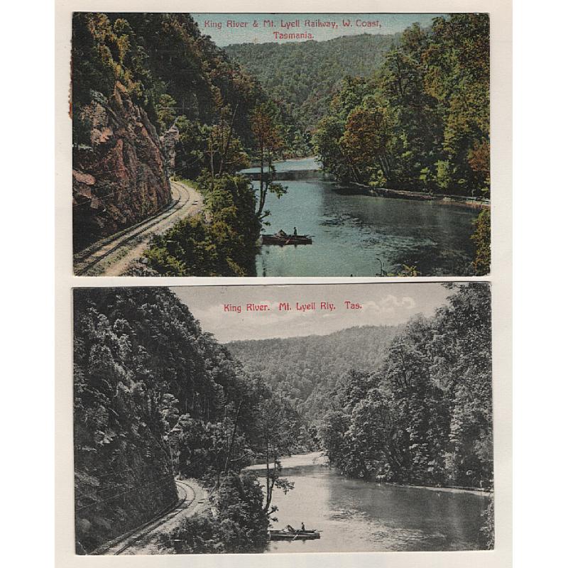 (WW15080) TASMANIA · 1907/11: 2x Spurling & Son cards with the same view KING RIVER, MT. LYELL RAILWAY.... the b&w card is unnumbered; the colour card No.61A · both items have been postally used and are in excellent condition (2)