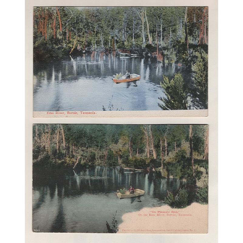 (WW15092) TASMANIA · c.1905: Richard Gee card (Series No.5) "ON PLEASURE BENT" ON THE EMU RIVER BURNIE postally used · also an unused card with the exact same view but by a different publisher (unknown) · both cards are in excellent condition