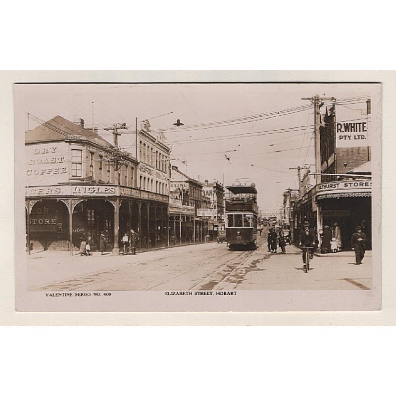 (WW15107) TASMANIA · 1920s: unused real photo card by Valentines (No.409) with a view of ELIZABETH STREET HOBART, the photo taken looking south from the intersection with Bathurst Street · VF condition