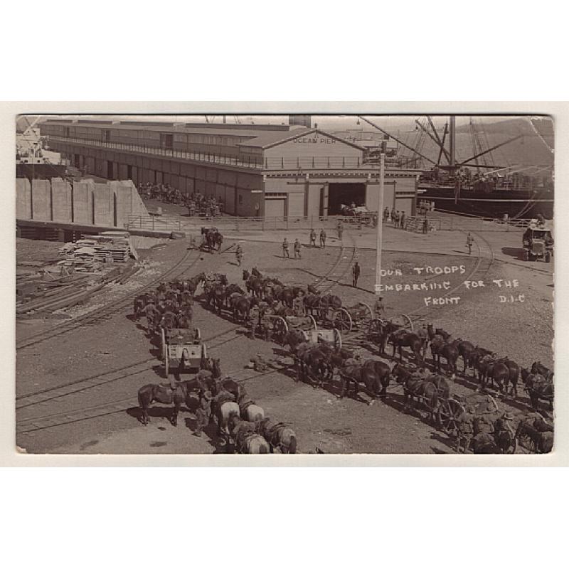 (WW15110) TASMANIA · 1914: unused real photo card by D.I.C. with view of Ocean Pier, Hobart titled OUR TROOPS EMBARKING FOR THE FRONT · some peripheral wear however the overall condition is excellent