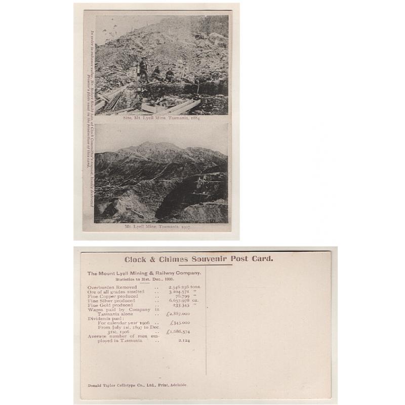 (WW15112) TASMANIA · 1907: "Clock & Chimes Souvenir Post Card with views of the Mount Lyell Mine issued to raise money for the Queenstown PO clock tower · VF condition