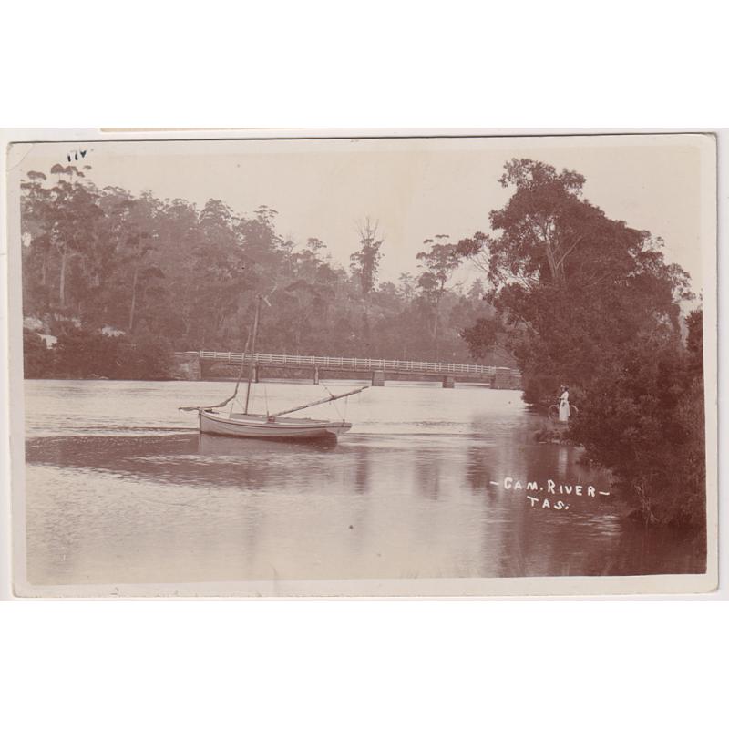 (WW1514) TASMANIA  · 1911: unused real photo card (probably by E. Winter) w/view of the CAM RIVER at Somerset · postally used with 1d Pictorial franking